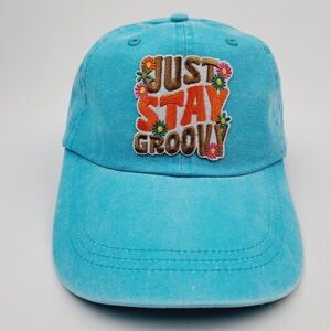 Just Stay Groovy Embroidered Relaxed Cotton Hat Cap Blue Washed Adjusta…